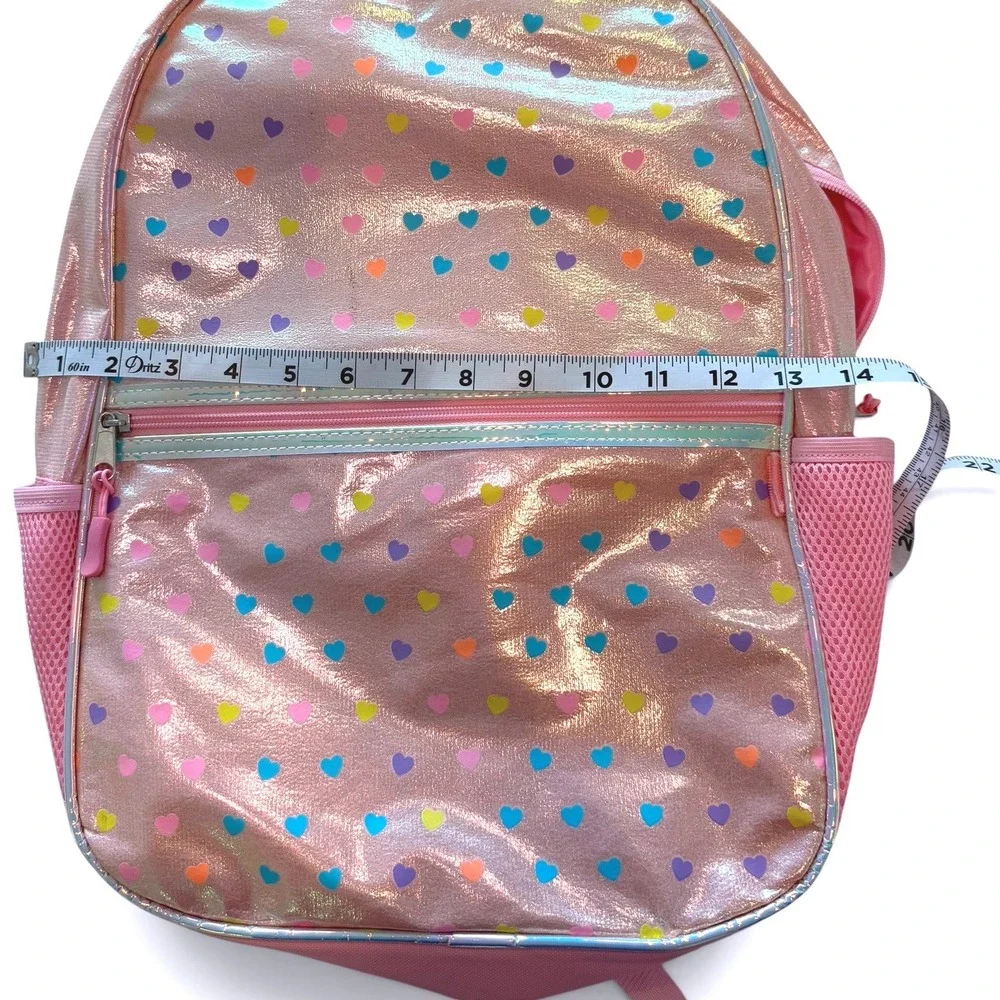 Metallic Pink Heart Print Backpack Iridescent School Bag with Mesh Pockets
